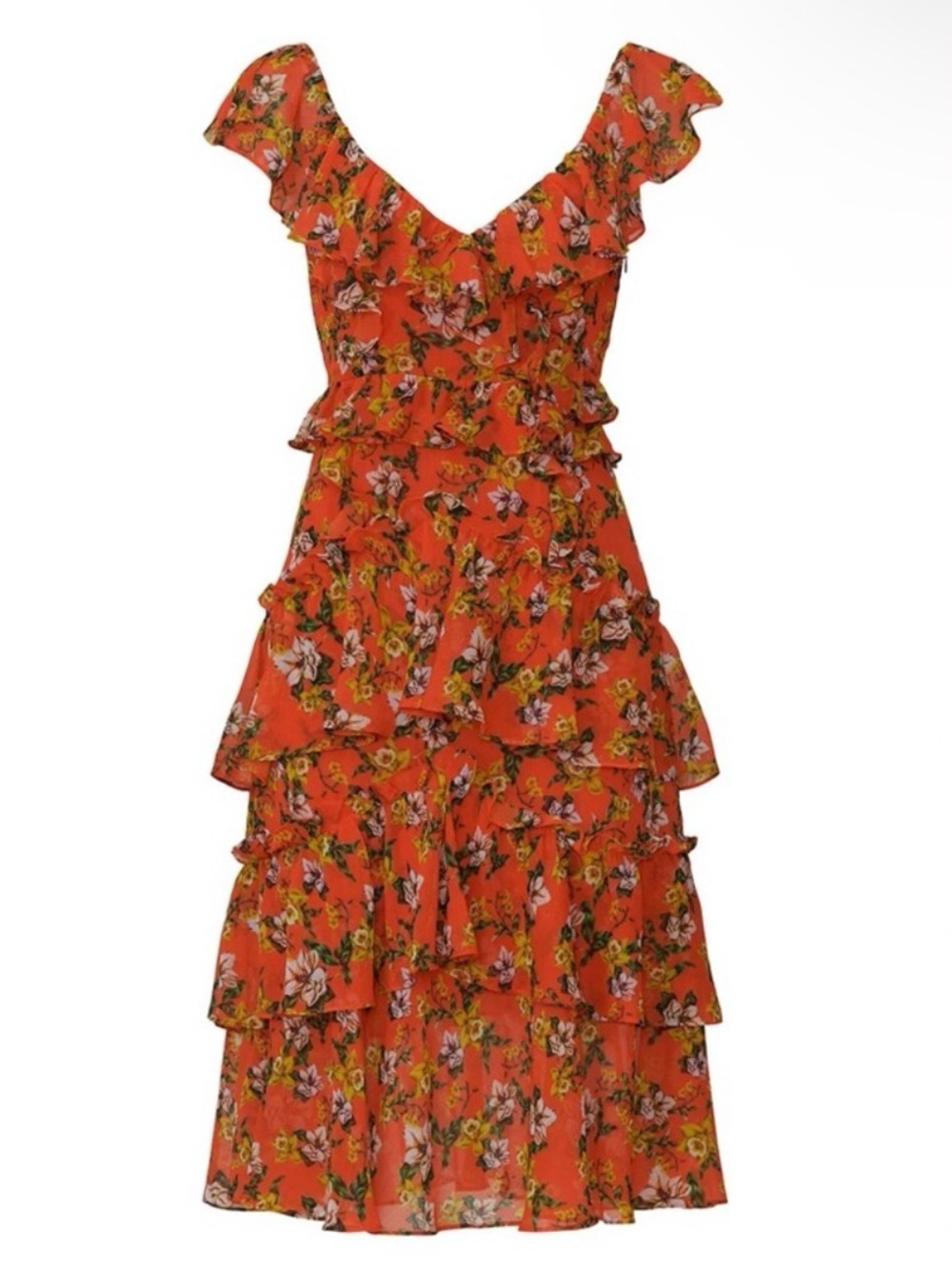 Marissa Webb Magnolia Bouquet Floral Tiered Ruffle Midi Dress Red Orange